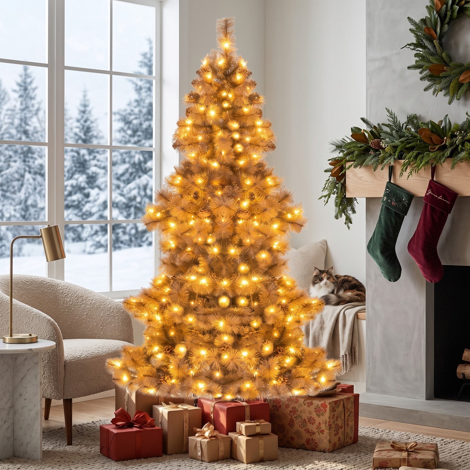 RUIE 6 Ft Artificial Christmas Tree with 493 Branch Tips and 200 Warm White LED Lights, Pre-Lit Hinged Pine Xmas Tree with Metal Stand for Home Office, Chocolate Brown