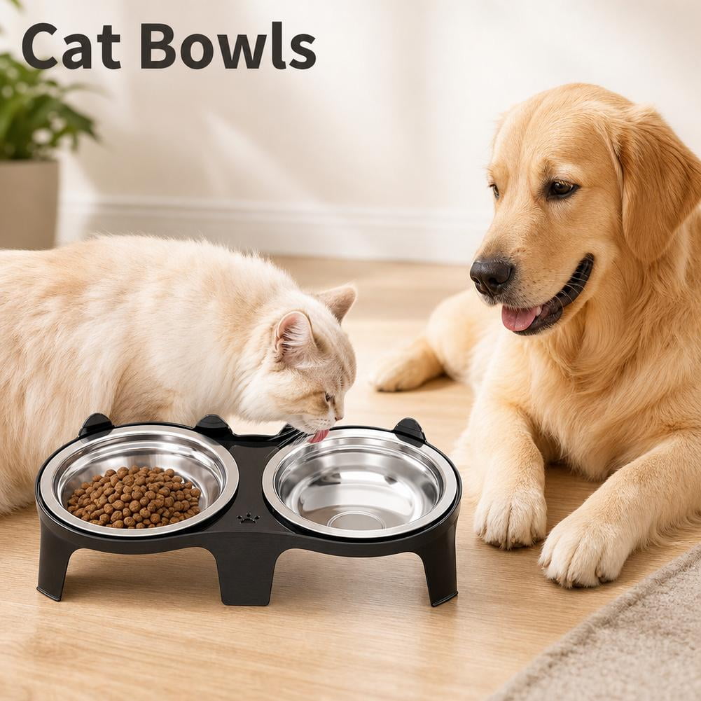 Elevated Double Pet Bowl Set, Stainless Steel and Plastic Stand for Cats and Small Dogs, Space-Saving Feeding Station