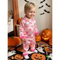 thumbnail image 4 of RUINIXCW Toddler Baby Girl Halloween Silk Stain Pajamas Set Kids Fall Sleepwear Ghost Pumpkin Fur Cuffs Long Sleeve Button Down Shirt and Pants Set Homewear Loungewear 1-6 Years, 4 of 9