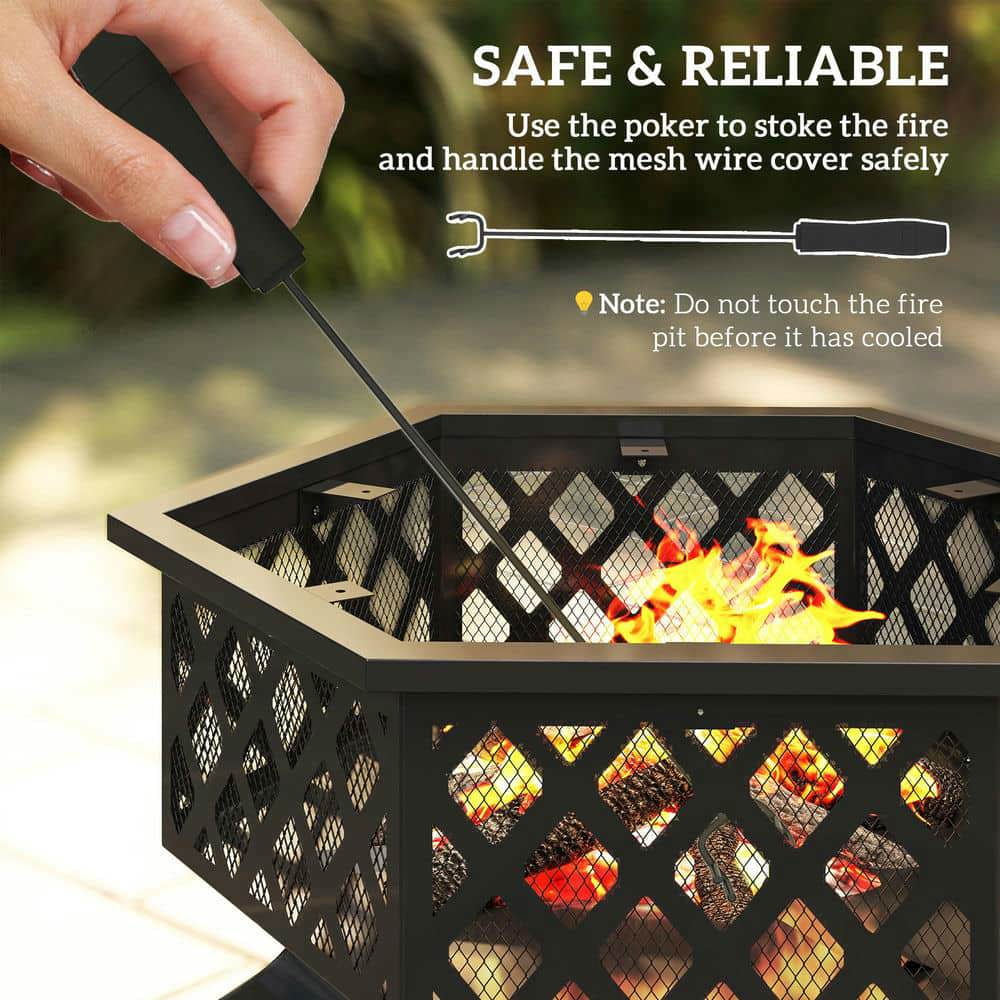 Spaco 28" Fire Pit with Grill Hexagon, Fireplace Wood Burning Firepit with Cooking Grate, Firepit with Fire Poker and Spark Screen Lid for Outdoor as Patio, Picnic, Backyard, Black