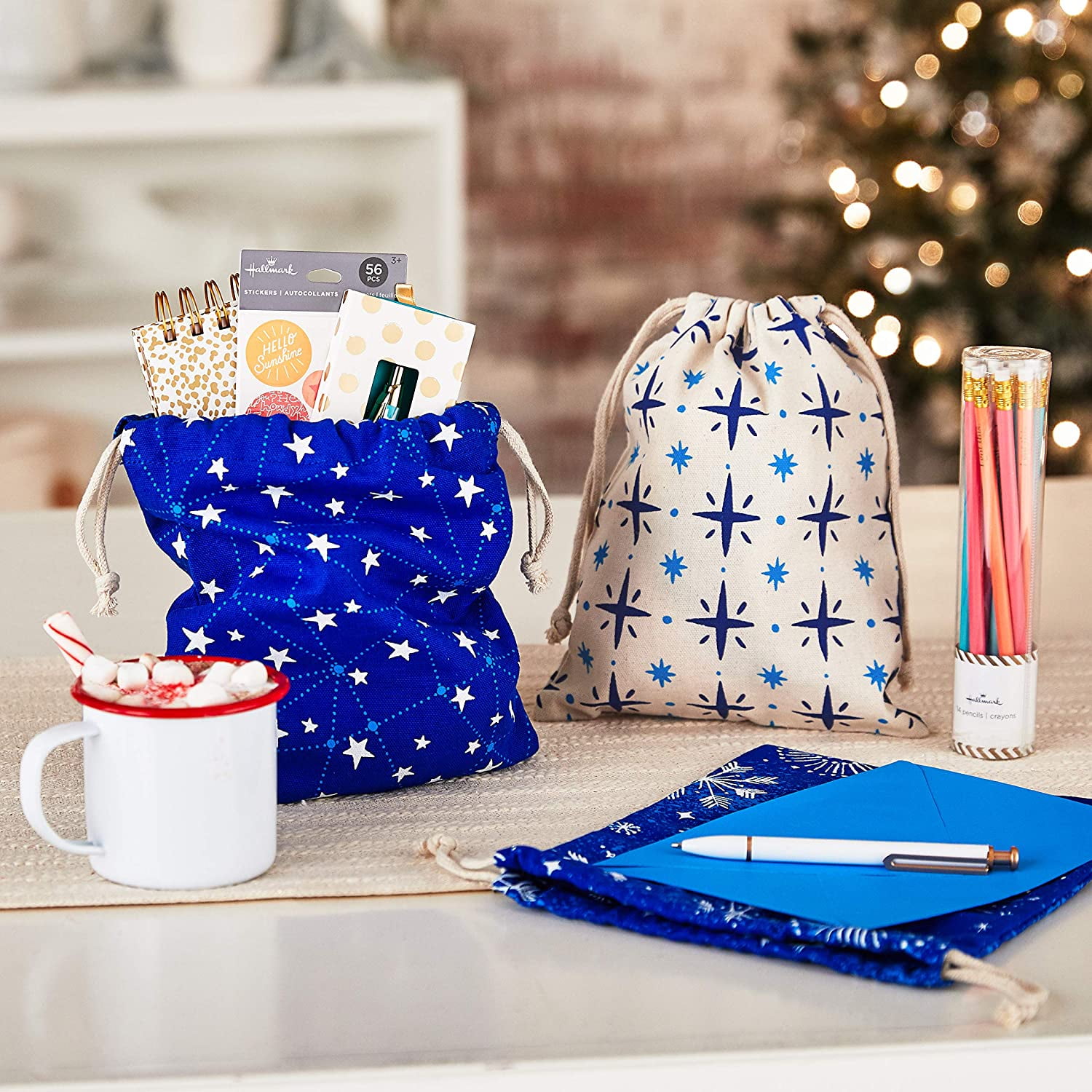 FFIY Blue Drawstring Christmas Gift Bag Bundle 3 Fabric Gift Bags 8 x 10 Snowflakes and Stars for Christmas Hanukkah Weddings Birthdays