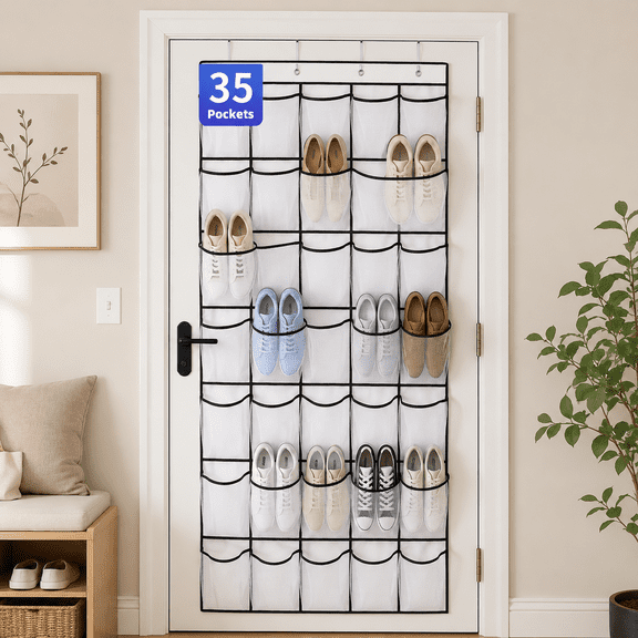 35 Pockets Over the Door Shoe Organizer, Hanging Shoe Organizer for Door with 35 Mesh Pockets Large Capacity Shoe Hanging Storage Bag with 4 Metal Hooks (White-1Pack)
