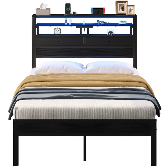 COCETTA Full Bed Frames with Charging Station and LED Lights, Wood Headboard with 2 Fabric Drawers and Storage Shelves, Full Size Platform Bed with Metal Slats, No Box Spring Needed, Black