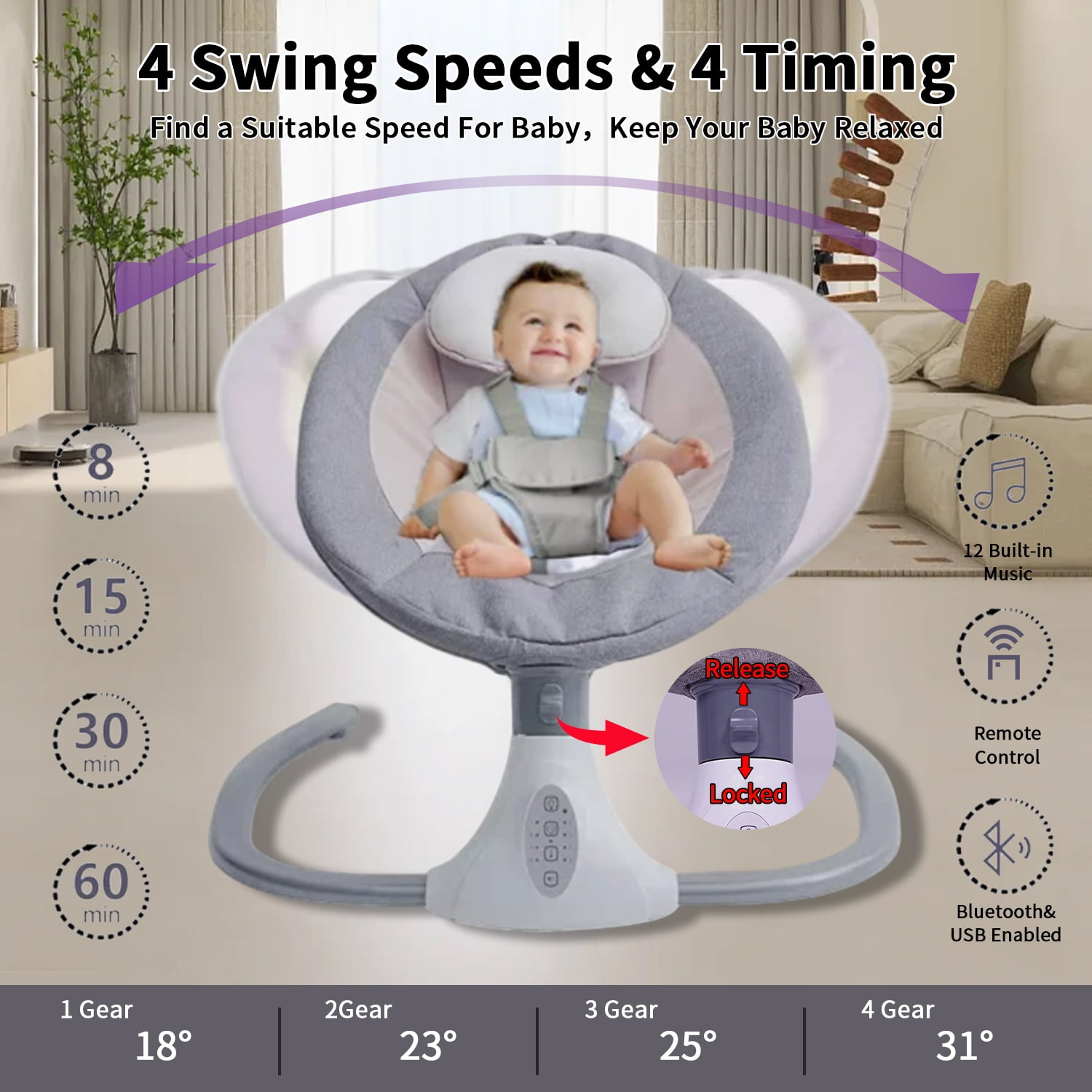 FACNOATIHN Electric Baby Swing, Infant Bouncer Chair Rocker with 12 Lullabies, Bluetooth Music, Adjustable Speeds, 4 Timing Set, Unisex, Gray