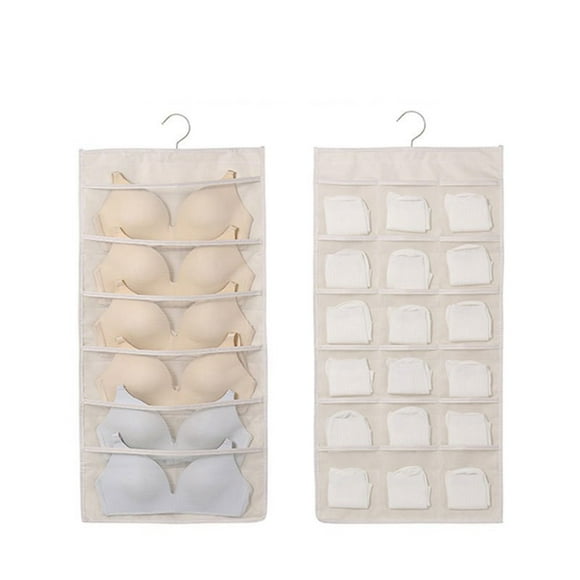 Xihbxyly Organizador Colgante de Doble Cara, de Tela No Tejida, con Bolsillos de Malla Transparente y Ganchos Giratorios, Ideal para Guardar Ropa Interior y Sujetadores, Beige o Gris, 80 X 40 Cm.