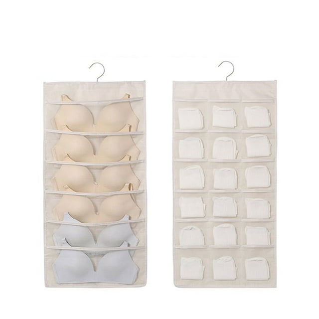 Fiudx Organizador Colgante de Doble Cara, de Tela No Tejida, con Bolsillos de Malla Transparente y Ganchos Giratorios, Ideal para Guardar Ropa Interior y Sujetadores, Beige o Gris, 80 X 40 Cm.