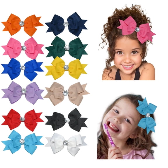 12PCS 4.5inch Rhinestone Bow Hair Clips for Girls - Multi-Color Satin Hair Accessories for Kids Toddlers