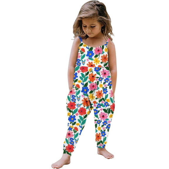 Girls Jumpsuit Romper Sleeveless Square Neck Floral Multicolor Kids Girls Stretchy Summer Playwear,Size 2 T