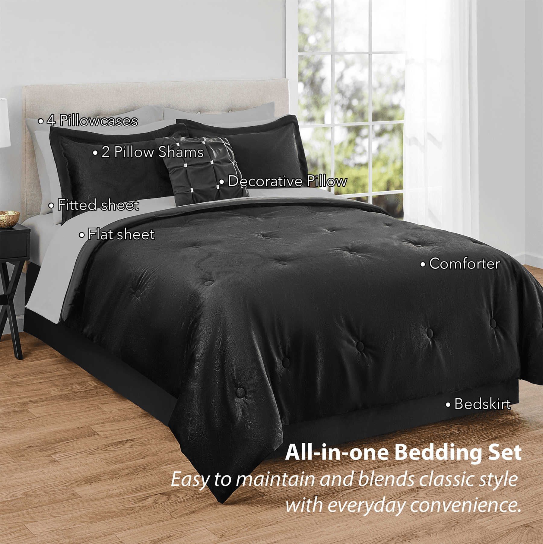 Mainstays 11-Piece Bed in a Bag Comforter Set with Sheets, Black Velvet, Double, MAINSTAYS PL MS11PC BNB BLKVEL D