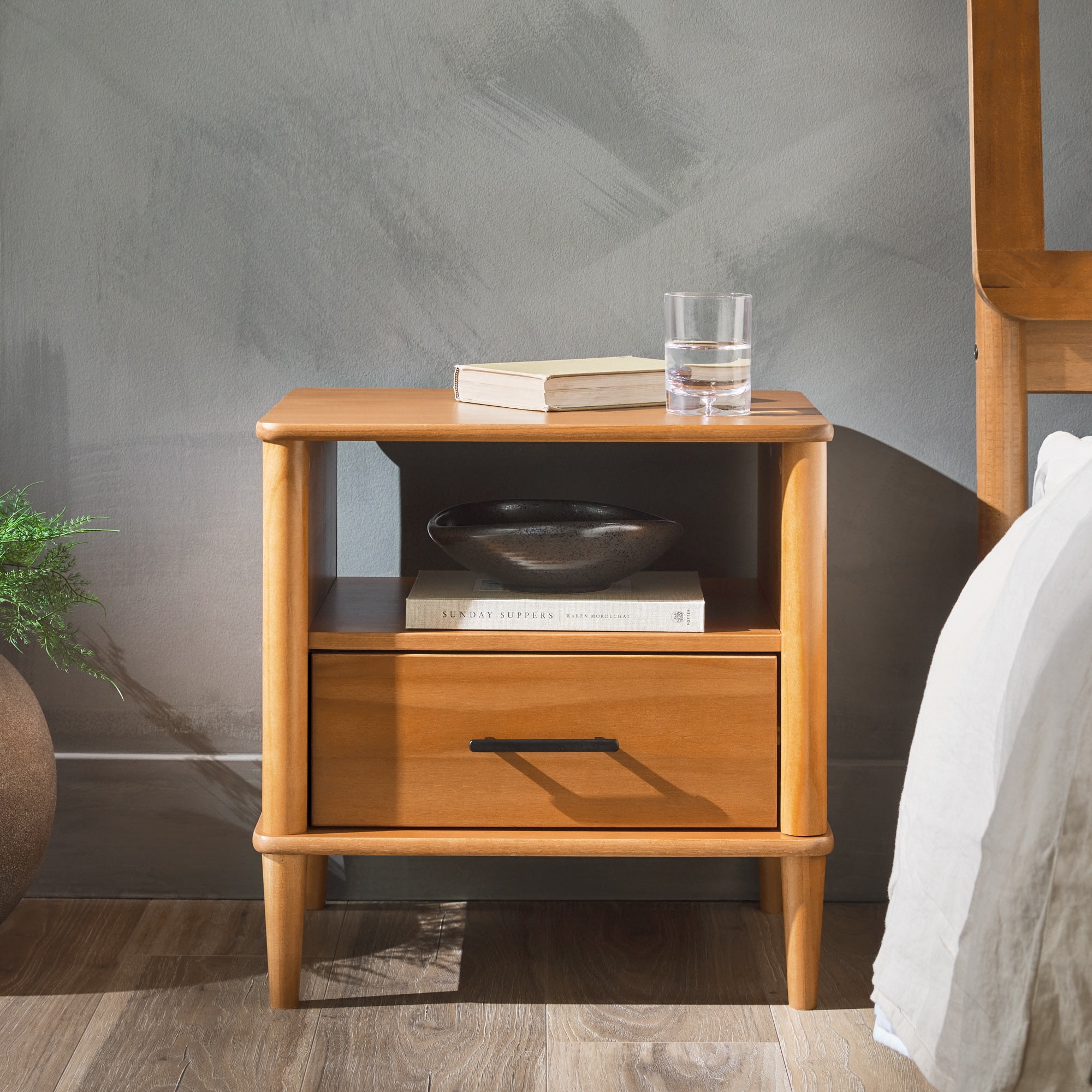 Walker Edison Transitional 1-Drawer Spindle-Leg Nightstand, Set of 2, Caramel