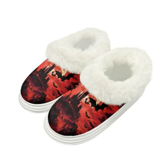 Psesaysky Red Halloween Castle Print House Slippers for Women Indoor Warm Fuzzy Slippers Memory Foam Slip On Bedroom House Shoes, Size 9-10