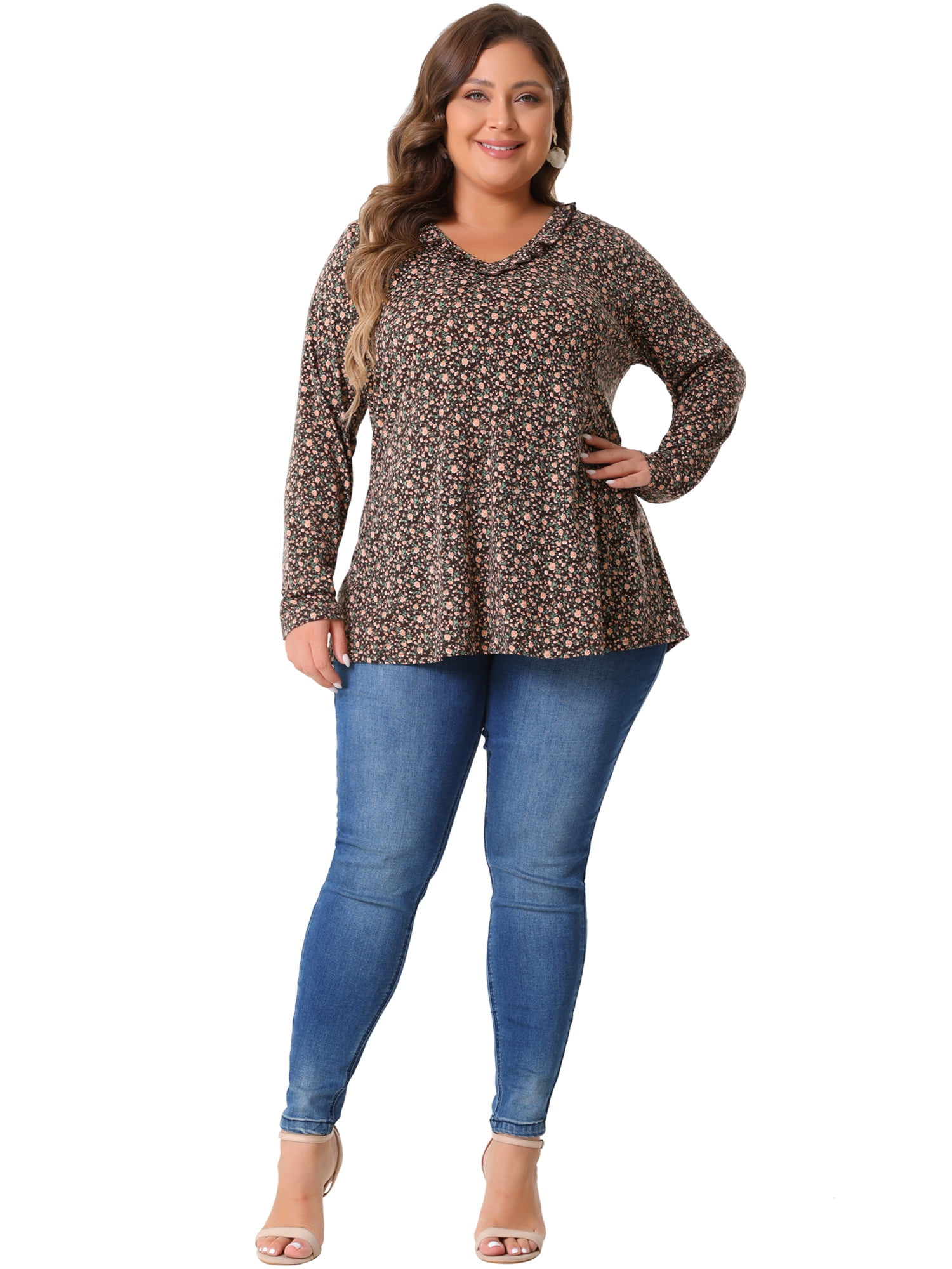 DARING DIVA Women's Plus Size Floral V Neck Long Sleeve Ruffle Tunic Blouses 2X Brown Orange