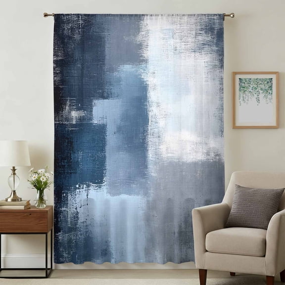 Navy Blue Grey Sheer Curtains 45 Inches Long, Modern Ombre Oil Painted Abstract Art Light Filering Curtains, Breathable Simi Curtain Privacy Drapes for Kitchen Bathroom Small Window Treatment