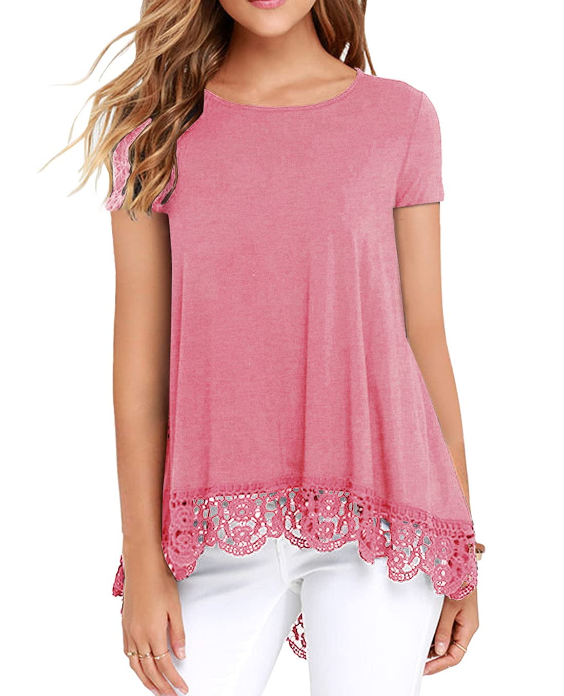 JWD Women's Tops Short Sleeve Lace Trim ONeck A Line Tunic Blouse VG PinkLarge
