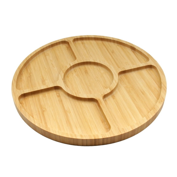 BambooMN Natural 12" Bamboo Round 5 Compartment Serving Tray/Platter, Charcuterie Board, Perfect for Snacks, Party Platter, Appetizers