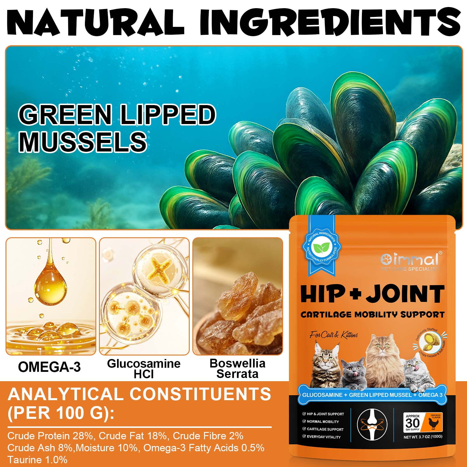 Oimmal Cats Joint Health Supplement, Contains Glucosamine for Cats, Plus Green Lipped Mussel and Omega-3, Supports Joint Health & Mobility, Crunchy Outside & Soft Inside 120day