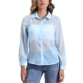 thumbnail image 1 of CAMISA MESH TRANSPARENTE DE PUNTA CON CUELLO PARA MUJER INSPIRADA CHIC DE MANGA LARGA Y BOTONES TAMAÑO XL AZUL CLARO, 1 of 6