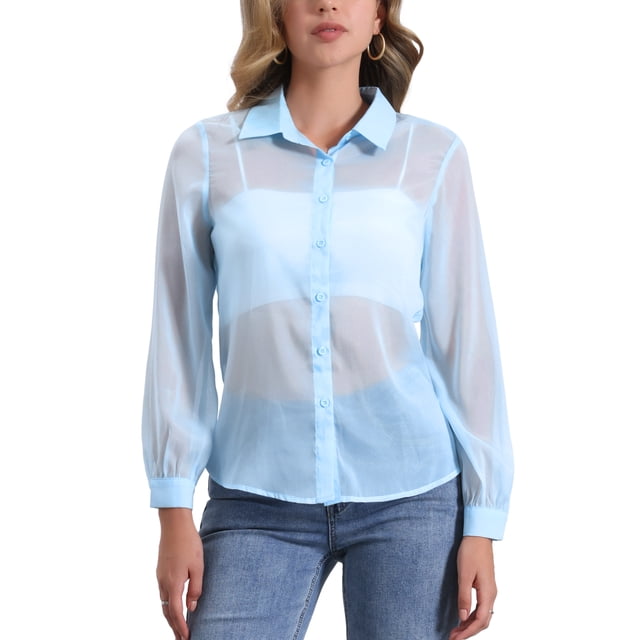 CAMISA MESH TRANSPARENTE DE PUNTA CON CUELLO PARA MUJER INSPIRADA CHIC DE MANGA LARGA Y BOTONES TAMAÑO XL AZUL CLARO
