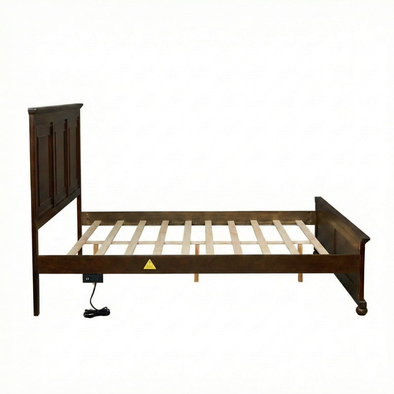 Vintage Style Queen Size Bed Frame with Tall Headboard & Ball-Shaped Legs, Wooden Platform Bed Frame with Charging Station