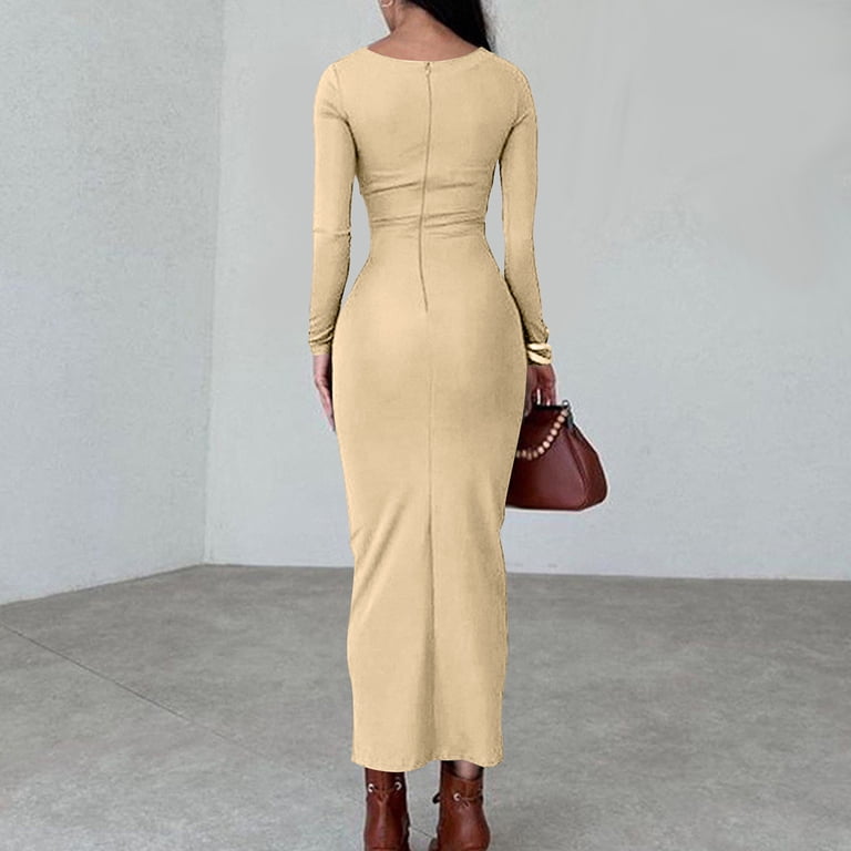 yellow bodycon dress long sleeve Yellow Artsy Baddie Long Sleeve Ribbed Knit Sweater Midi Bodycon Dress / S