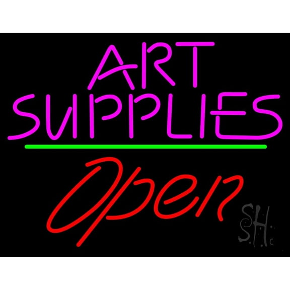 Pink Art Supplies Block With Open 2 LED Neon Sign 15 x 19 - inches, Black Square Cut Acrylic Backing, with Dimmer - Bright and Premium built indoor LED Neon Sign for art gallery, and exhibition.