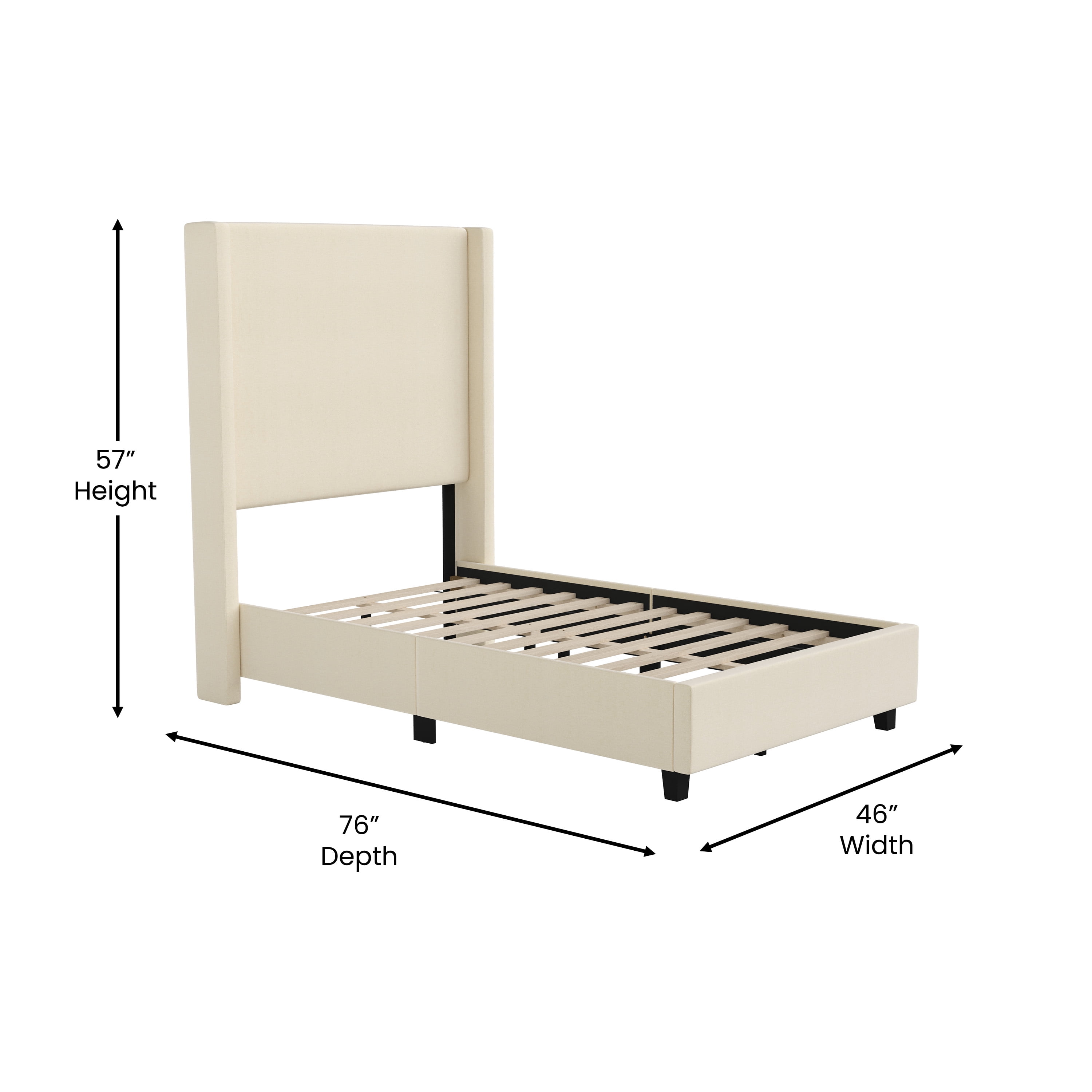 Flash Furniture Quinn Twin Upholstered Platform Bed with Channel Stitched Wingback Headboard, Mattress Foundation with Slatted Supports, No Box Spring Needed, Beige