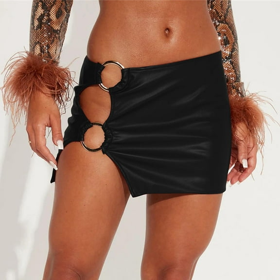 Xixinqiwan Skirts for Women 2025 Clearance,Women Side Slit Skirt Hollow Out Metal Ring Bodycon Mini Skirts High Waisted Pencil Skirts Party Rave Skirt for Women and Girls