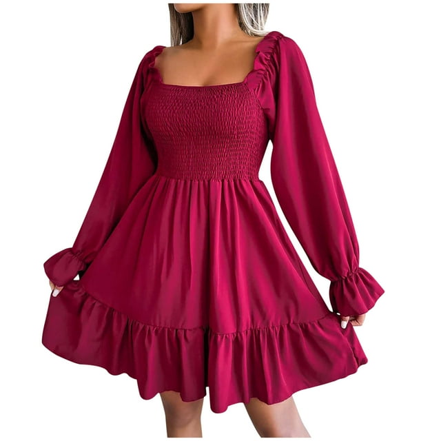 Moda mujer Casual manga larga Color sólido cuello cuadrado acampanado manga larga volantes vestido de columpio Fridja NMB3063