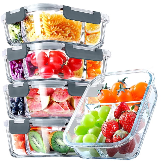 VERONES 5 Pack Glass Meal Prep Containers 3 Compartment Set, 36OZ Airtight Glass Lunch Containers, Glass Food Storage Containers with Lids, for Micro