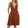 thumbnail image 1 of Vestido de cintura sin mangas con bolsillos y cuello en V para mujer, vestido de costura de encaje para primavera y verano, 1 of 6