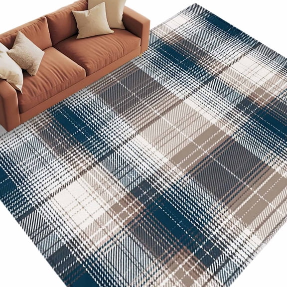5x7 Area Rugs for Living Room, Blue Brown Plaid Non Slip Area Rugs for Kitchen Bedroom Entryway, Modern Abstract Striped Gingham Checked Washable Carpet Runner Rug Floor Mats for Bedroom Home Decor