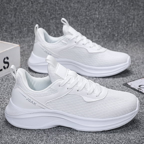 Men's Light White Fine Knit Lace Up Running Sneakers, Breathable Lightweight Cushioned Non-Slip Commuting Walking Shoes, Wide Toe Gym Travel Casual Footwear