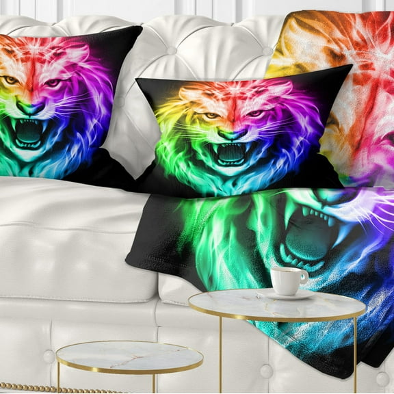 Designart Colorful Fire Lion - Animal Throw Pillow - 12x20