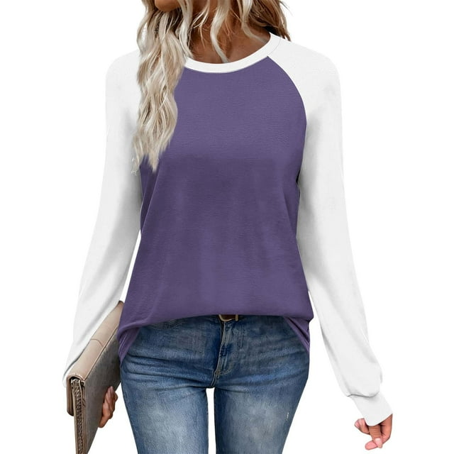 HongQid Long Sleeve Shirts for Women Color Block Raglan Tops Casual Crewneck Basic Tees Spring Fall Clothes 2026 Fashion