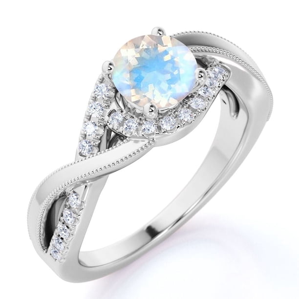 JeenMata Anillo de Compromiso con Diseño Único de Infinito de Piedra Lunar y Moissanita de Corte Redondo de 1,5 Quilates en Oro Blanco de 18 K sobre Plata