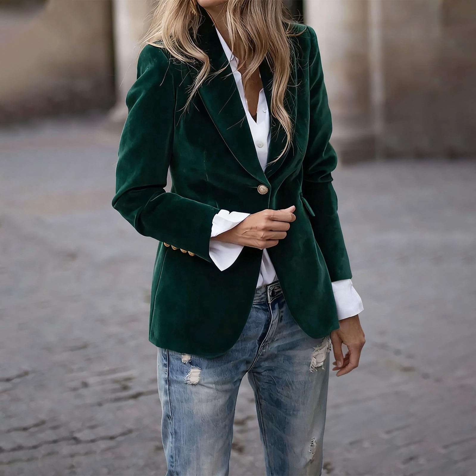 Womens Velvet Blazer Jacket - Long Sleeve V Neck Coat Notched Lapel Vintage Office Button Front Velour Blazer