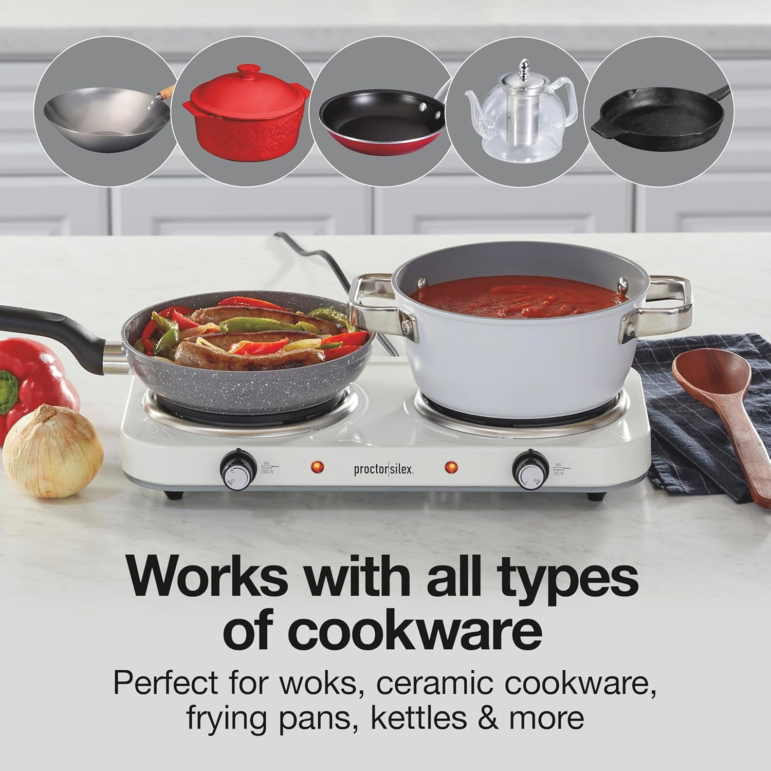 Portable Electric Stove, Cast Iron Double Burner Cooktop, Compact, Adjustable Temperature Hot Plate, 1700 , White (34117)