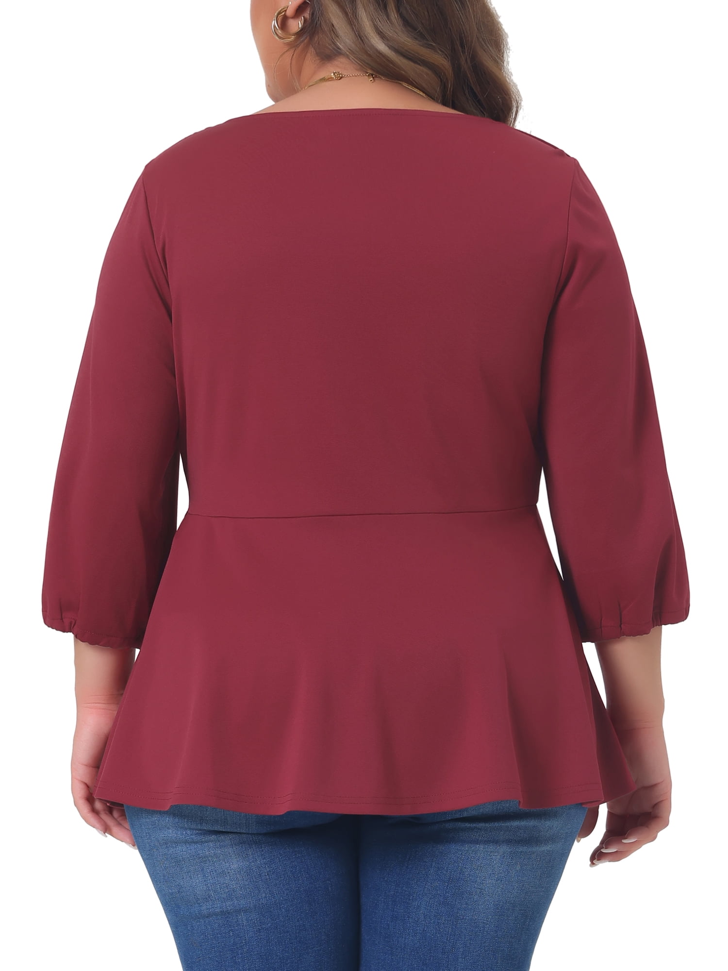 Unique Bargains Women's Plus Size Blouse Sweetheart Neck Elbow Sleeve Peplum Tops 2X Burgundy