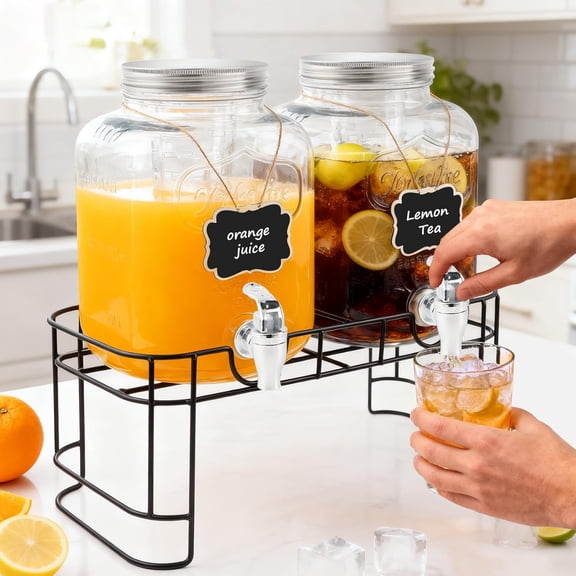 1.5 Gallon Glass Drink Dispensers Set of 2 with Fruit Infuser & Stand for Parties