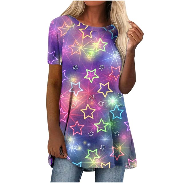 hoksml Vêtements d'Automne pour Femmes 2022 Mode Grande Taille Femme Décontractée Col Rond Imprimé Blouse Manches Courtes T-Shirt Tunique d'Été Hauts Liquidation