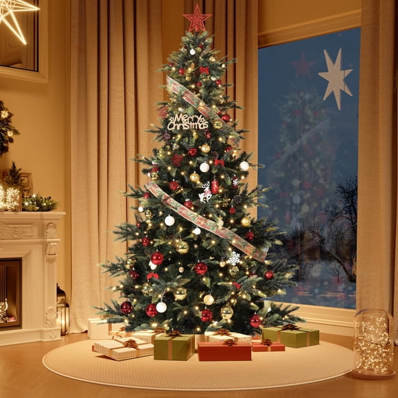 Eastvita Seven/a Half Ft Pre-Lit Artificial Spruce Christmas Tree - Thickened PE/PVC Branch Tips/Warm White Incandescent UL-Listed Lights/Fire-Resistant Automatic Branches