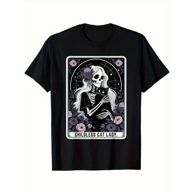 Halloween T-Shirt - Women'S Gothic Skull Tarot T-shirt, Casual Crew Neck Short Sleeve T-shirt, Geometric Pattern Knit Fabric Top, Suitable for Spring/ Summer/ Autumn