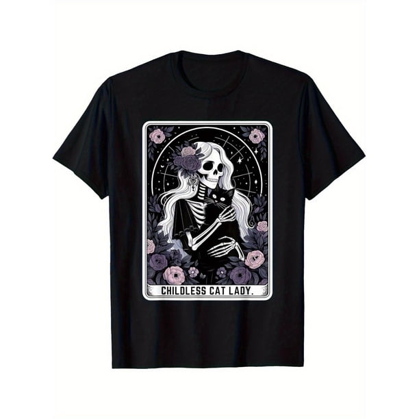 Halloween T-Shirt - Women'S Gothic Skull Tarot T-shirt, Casual Crew Neck Short Sleeve T-shirt, Geometric Pattern Knit Fabric Top, Suitable for Spring/ Summer/ Autumn