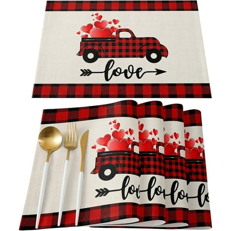 

Placemats Set of 4 Valentine Day Red Plaids Truck Loads Heart Red and Black Buffalo Plaids Washable Burlap & Cotton Placemats for Kitchen Dining Table Holiday Home Decoration