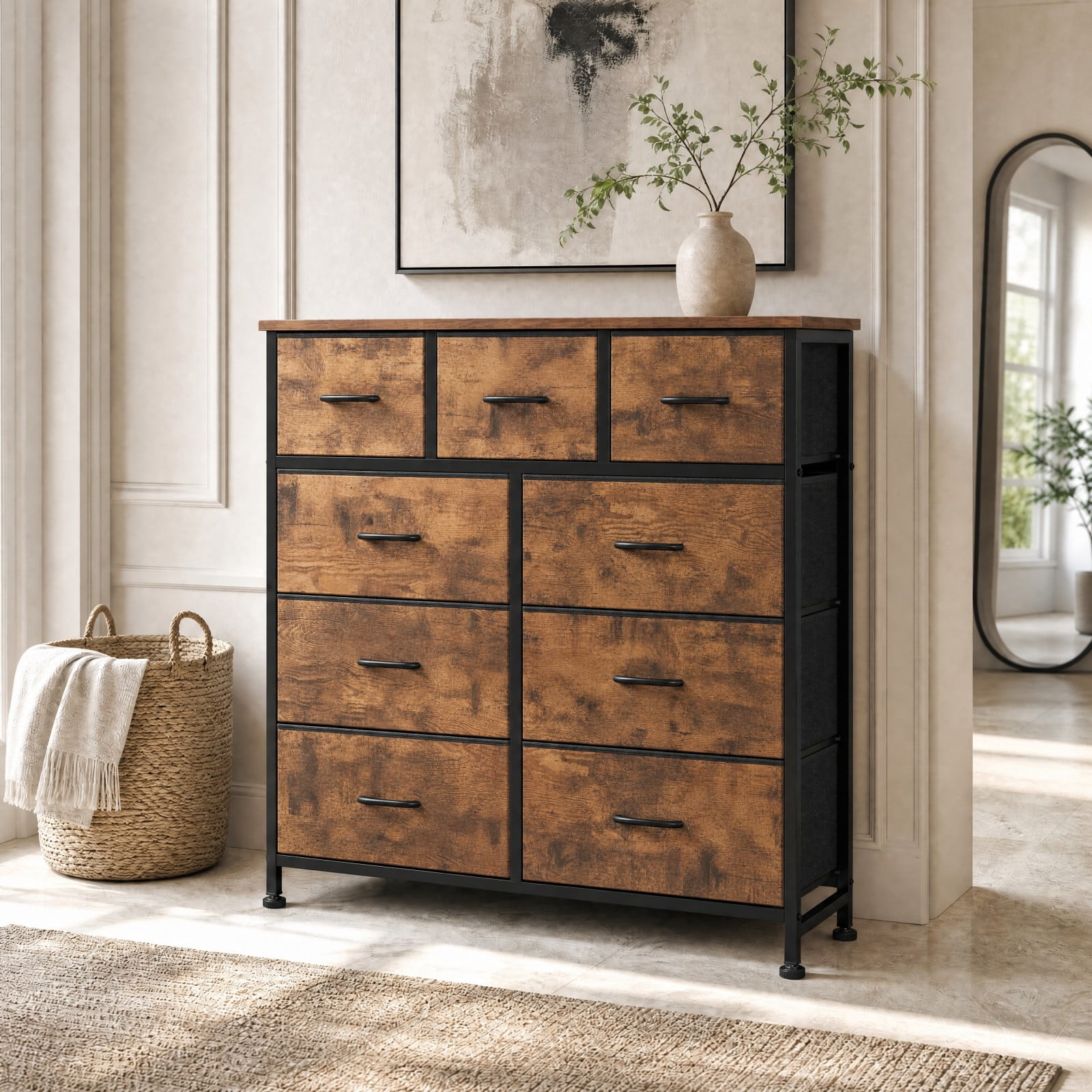 Telyra 9-Drawer Fabric Dresser Tall Storage Tower with Wood Top and Steel Frame Bedroom Closet Organizer, Rust