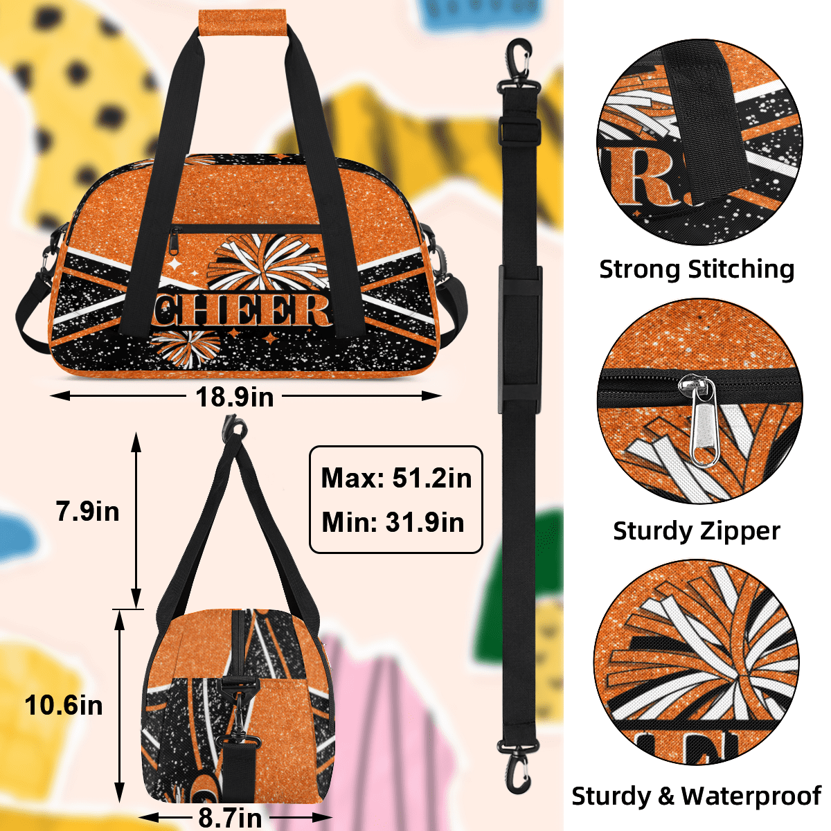 Herdesigns Cheer Bags Sport Duffle Bag Orange Cheerleader Gym Bag Overnight Travel Bags Waterproof Weekender Bag Carry On Travel Tote Bag Dance Bags