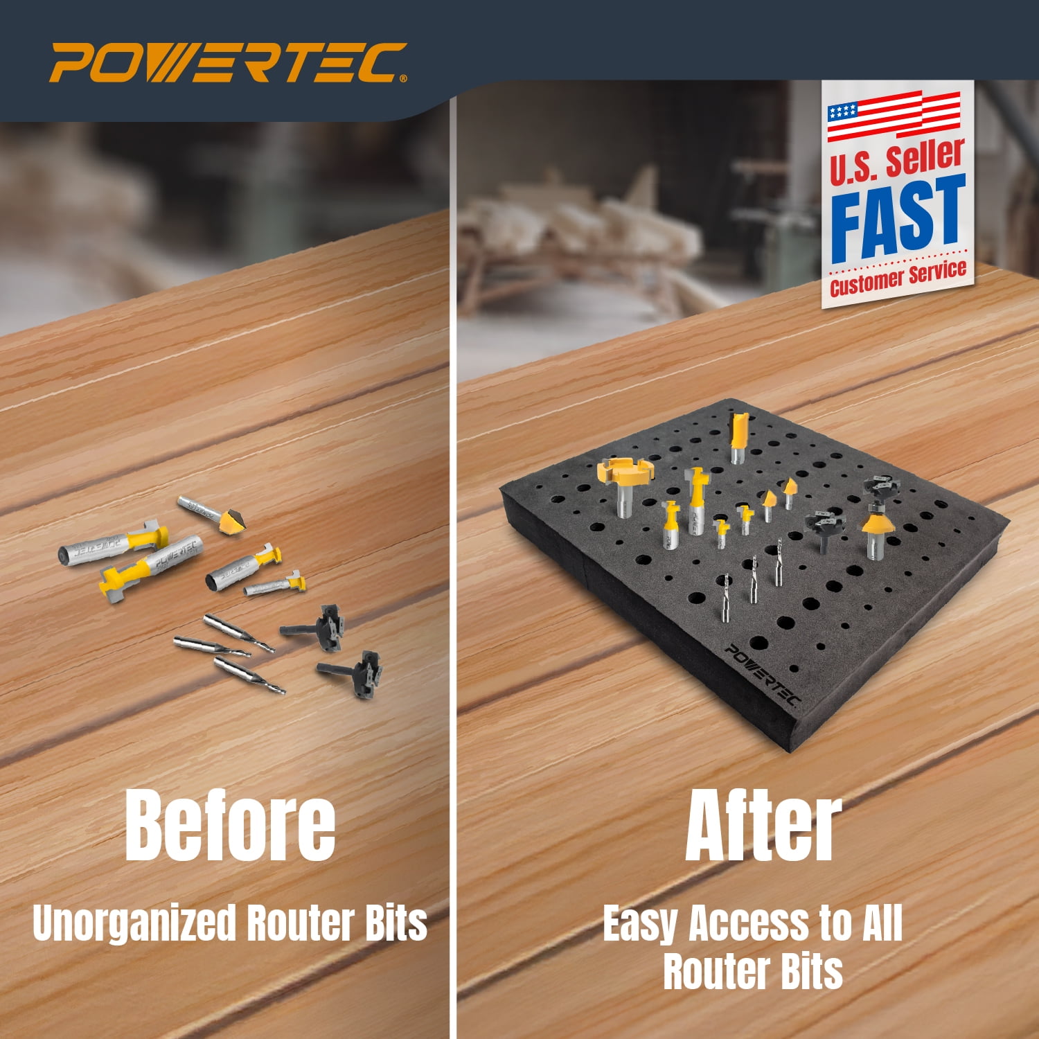 POWERTEC Router Bit Tray Organizer - Holds 110 Bits Each Tray | 50 1/2" and 60 1/4" Shank Router Bit Holder for Tool Box and Drawer Storage Solution, 2PK (71046-P2)