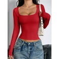 thumbnail image 3 of Womens Long Sleeve Shirts Crop Tops Square Neck Going Out Basics Tees Y2K Winter Clothes 2025 Red L, 3 of 5