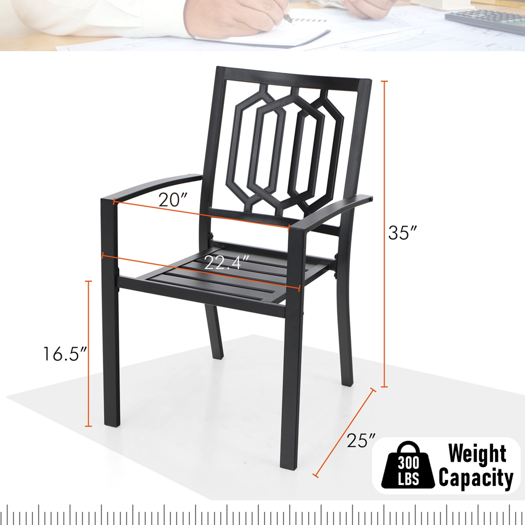 MF Studio 7-Piece Outdoor Patio Dining Set with Stacking Chairs & Wood-Grain Topped Table for 6-Person, Black