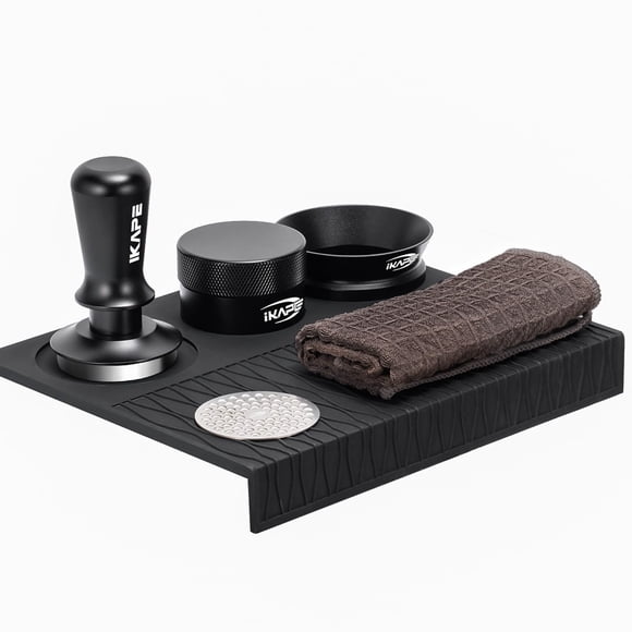 IKAPE 53MM Coffee Tamper Set Black 6 IN 1, Espresso Tool Kit for Making Perfect Shots &ndash; Tamper, Distributor, Funnel, Mat, Screen, and Towel